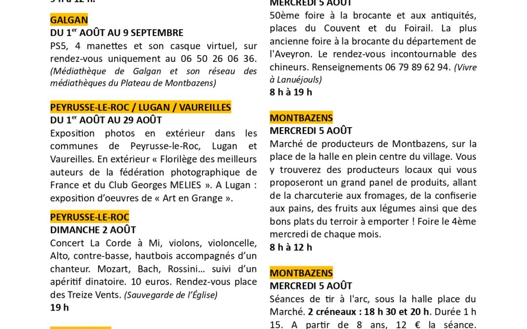 Agenda d&rsquo;août sur le plateau de Montbazens